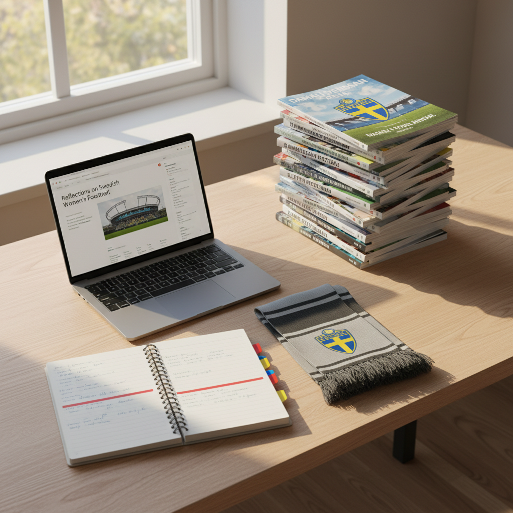 A neatly stacked pile of match programs and glossy magazines on a simple wooden desk, each cover dedicated to Swedish women’s football, featuring titles referencing Damallsvenskan and Elitettan, but with no human figures, only stylized crests, stadium silhouettes and abstract football graphics. A sleek laptop sits open to a minimalist blog editor interface, its screen softly glowing. Beside it, a notebook filled with handwritten match notes and color-coded tabs lies open, and a scarf in neutral team colors is folded carefully nearby. Warm afternoon window light streams in from the side, casting gentle, elongated shadows and a cozy, reflective atmosphere. Shot from a slightly elevated angle with sharp focus throughout, in a clean, modern, realistic style that conveys thoughtful writing and personal reflection about women’s football.