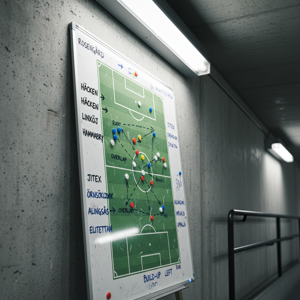 A close-up of a well-worn tactical whiteboard leaning against the inside of a modest Scandinavian stadium tunnel, its magnetic pitch layout clearly showing only the women’s Allsvenskan and Elitettan team names written in neat marker. Small colored magnets form intricate formations and arrows, illustrating an in-depth analysis of a build-up play. The concrete walls and metal railings around it feel slightly rough and utilitarian. Cool, indirect stadium lighting from above casts soft, controlled shadows, keeping every detail of the scribbles visible. The mood is analytical and focused, suggesting strategic thinking and deep understanding of the women’s game. Shot from a slightly angled, close perspective with a medium depth of field, in a photographic, documentary style that feels authentic and journalistic rather than staged.