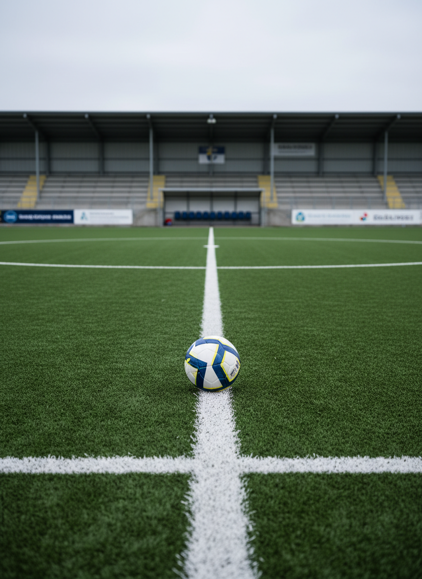 A meticulously maintained all-weather football pitch in Sweden, the lush green artificial turf marked with crisp white lines of a professional-size field. In the foreground, a pristine match ball designed for women’s elite leagues rests exactly on the center spot, its modern geometric pattern in deep blue and bright yellow echoing the Swedish flag. Empty stands with simple, clean architecture and subtle sponsor banners recede softly into the background. Cool, diffused overcast daylight creates even, natural lighting with gentle shadows, giving a calm yet anticipatory atmosphere before kick-off. Captured at eye level with a shallow depth of field that keeps the ball razor sharp while softly blurring the stands. The style is clean, realistic and modern, perfect for a serious blog about women’s football tactics and analysis.